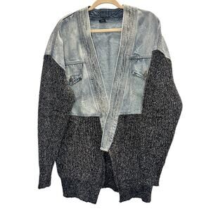 Saachi – Mixed Media Denim Knit Cardigan – Blue/Charcoal – One Size